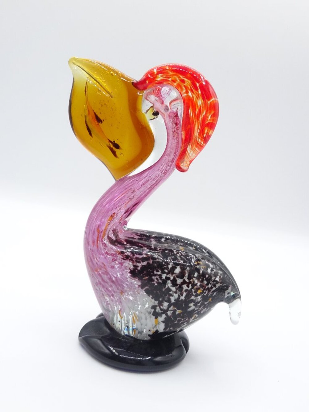 Murano Style Art Glass Pelican Figurine Hand Blown Pink Amber Black Speckled 7"